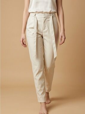 PAIGE Cream High-Rise Tie-Waist Cropped Tapered Pants